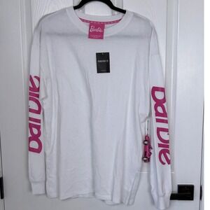 Forever 21 Barbie Long Sleeve Graphic Tee White Pink Logo Women Large NWT